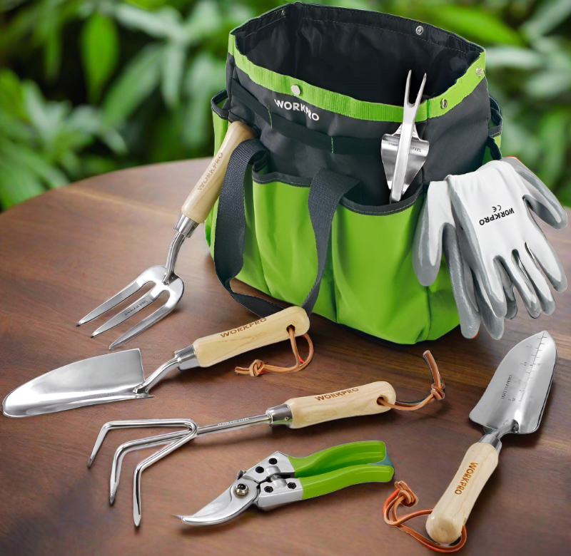 Garden Tools Set – 8 Piece Heavy Duty Stainless Steel Gardening Kit with Wooden Handles, Tote Bag & Gloves - Gardening Gifts for Women & Men