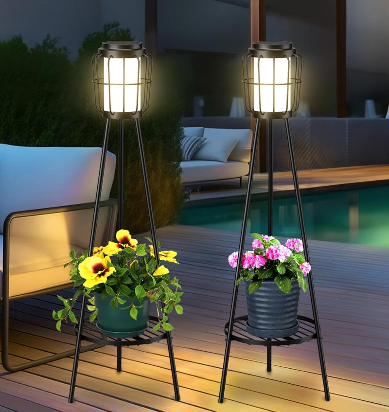 solar lamp post with plant hanger Solar Lights with Plant Stand – Waterproof Outdoor Solar Floor Lamp for Patio, Porch & Garden Decor 2-Pack