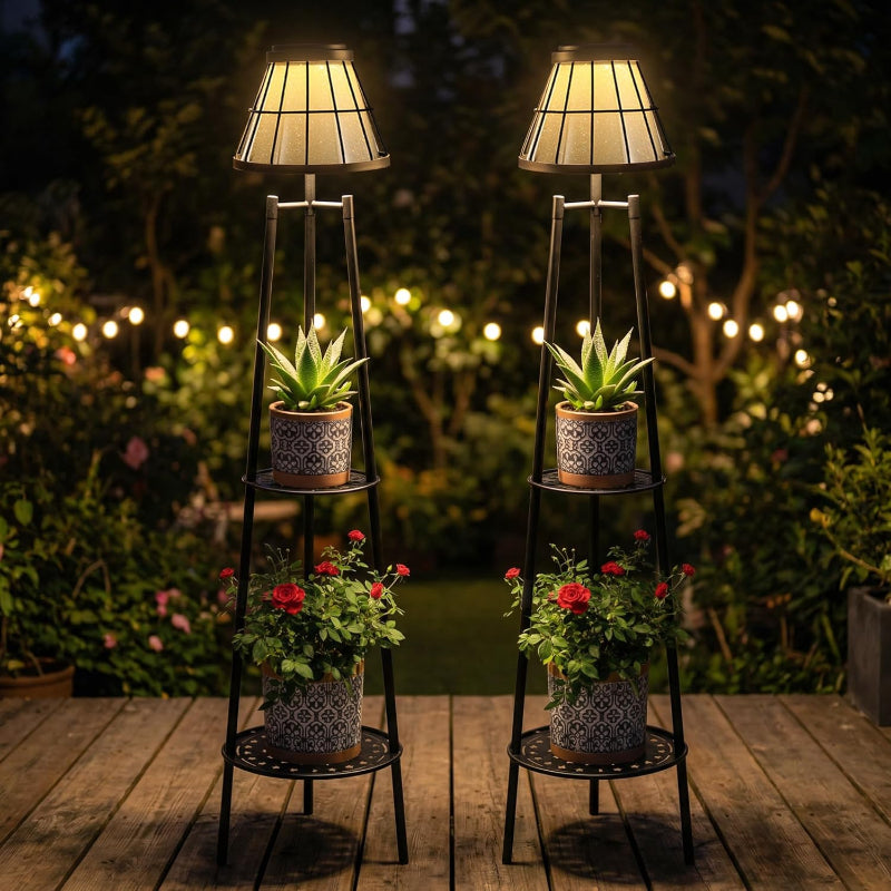 Oyezvary 2 Pack 45.5 Inch Solar Floor Lamp with Double Plant Stands Waterproof Outdoor Metal Light for Patio Deck Yard Pathway Porch Garden