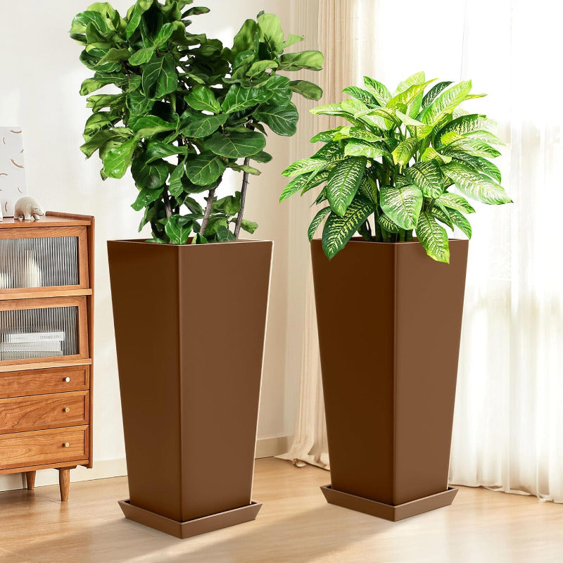 Lenoris 24'' H Large Tall Planters with Saucers, Heavy-Duty Tall Floor Planters, Outdoor Planters for Balcony, Patio & Indoor Use (Set of 2) Hokku