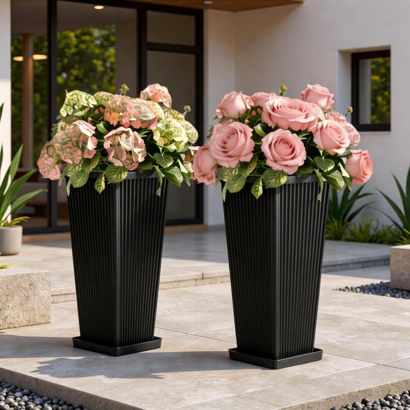 GlasFlength 24-Inch Tall Outdoor Planters Tapered Design with Drainage System Durable Weather Resistant Build for Porch Patio Garden Indoor Use Black