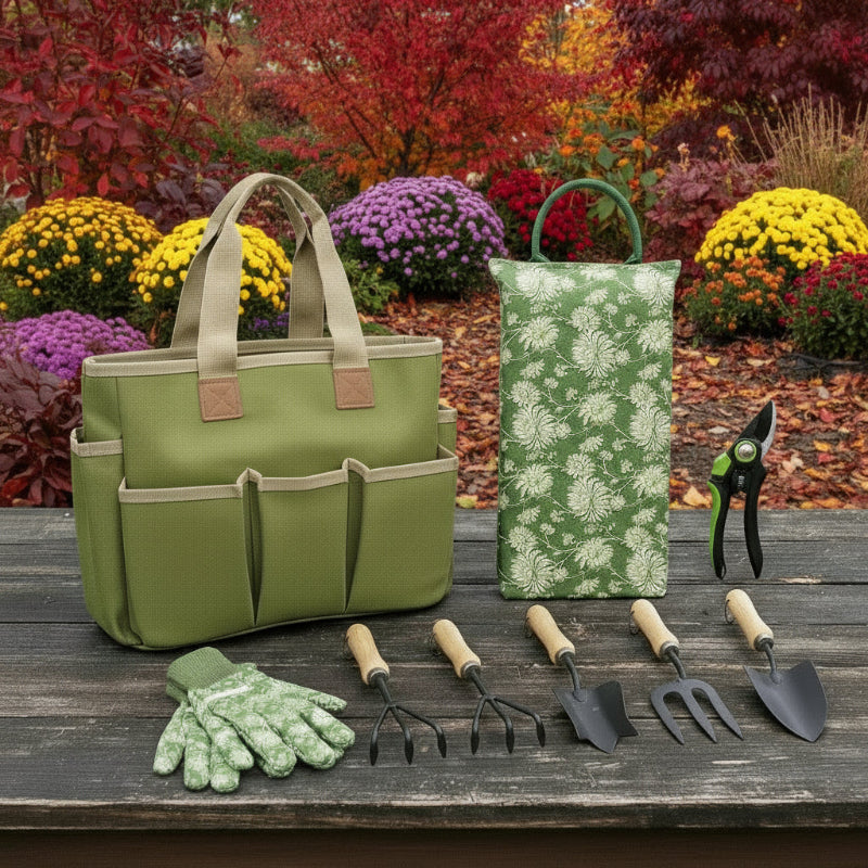 Heavy Duty Garden Tools Set with Wooden Handle - Tote Bag, Kneeling Pad, Gloves & Pruning Shears – Perfect Gardening Gift for Women & Men