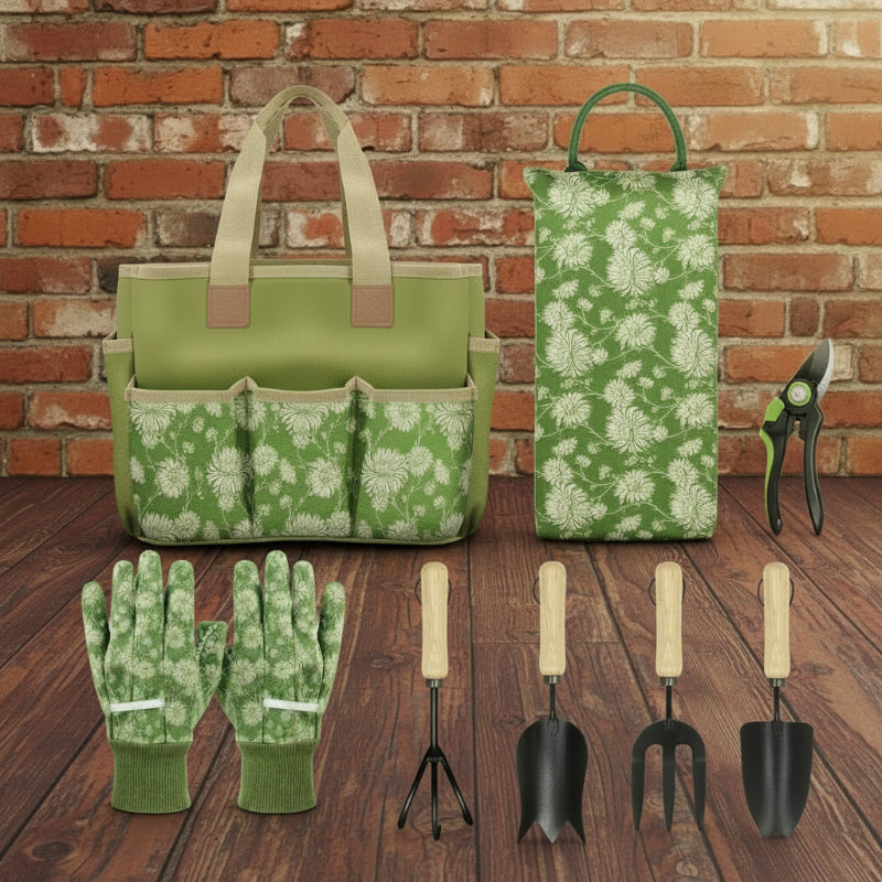 Heavy Duty Garden Tools Set with Wooden Handle - Tote Bag, Kneeling Pad, Gloves & Pruning Shears – Perfect Gardening Gift for Women & Men