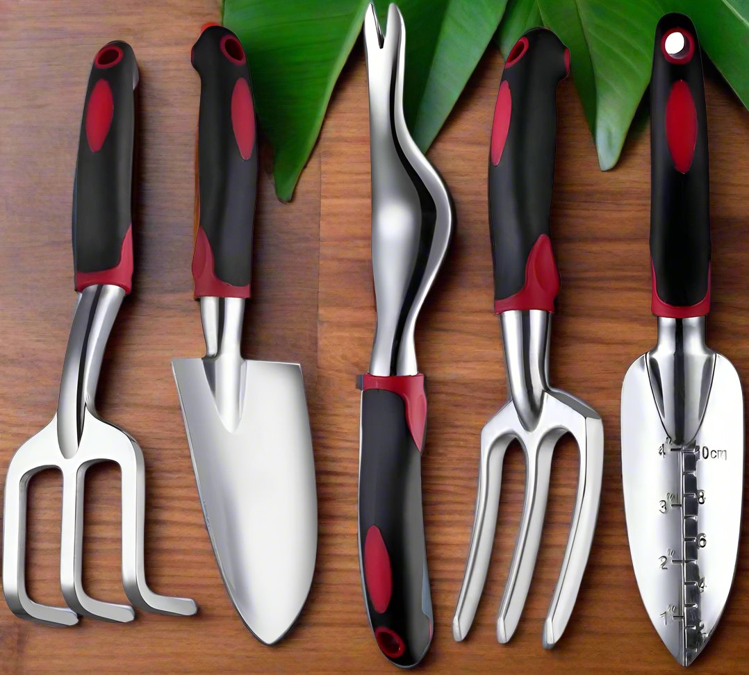 ace hardware garden tool set 5 Piece Garden Tool Aluminum Heavy Duty Gardening Tool Set with Non-Slip Rubber Grip for Men and Women -Black Red