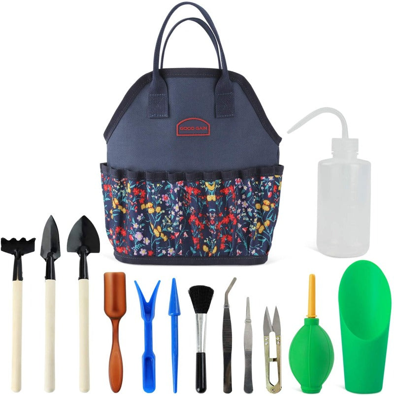 succulent garden tools G GOOD GAIN Garden Succulent Kit with Organizer Bag, Indoor Mini Hand Gardening Tool Set, 14 Pieces Tools for Bonsai Planter Miniature Fairy