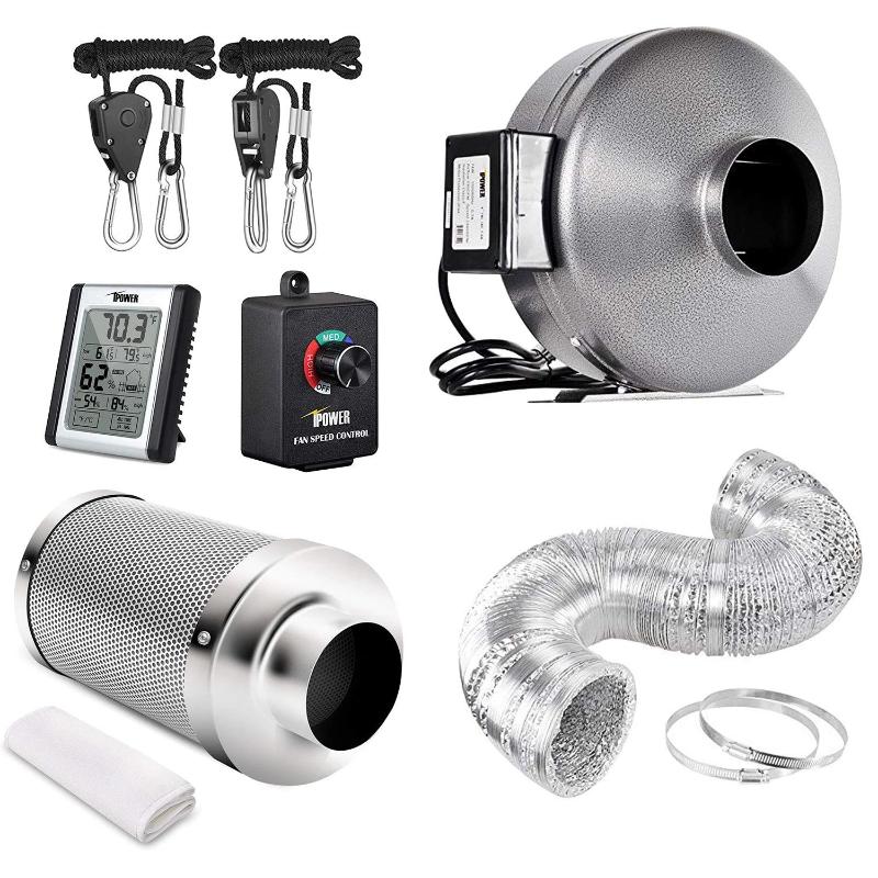 grow tent ventilation kit Ipower 4 Inch 190 CFM Inline Fan Carbon Filter 8 Feet Ducting Combo with Variable Speed Controller and Rope Hanger